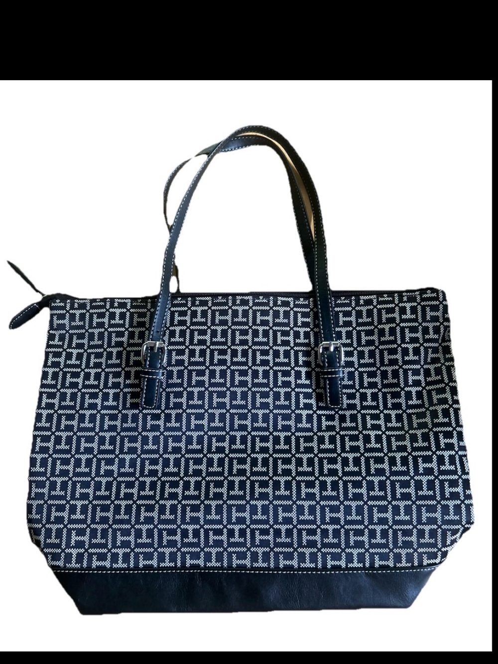 Tommy Hilfiger Monogram Tote Bag Black White Zip Double Handles Bag Charm
